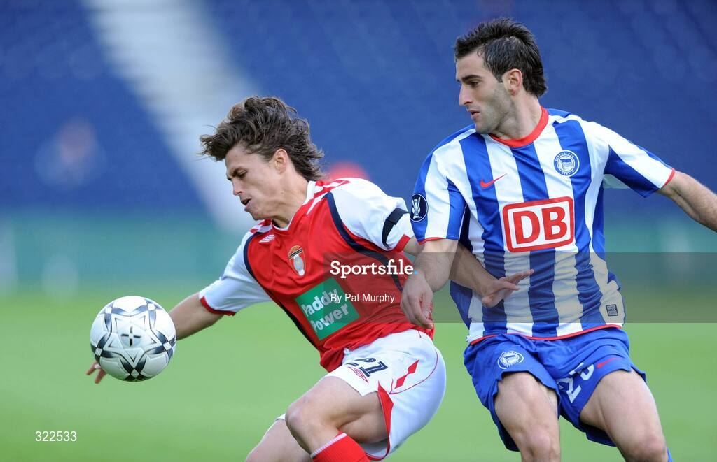 30 September 2008; Ryan Guy, St. Patrick's Athletic, in action against Maximilian Nicu, Hertha Berlin. UEFA Cup First Round 2nd leg, St. Patrick's Athletic v Hertha Berlin, RDS, Dublin. Picture credit: Pat Murphy / SPORTSFILE