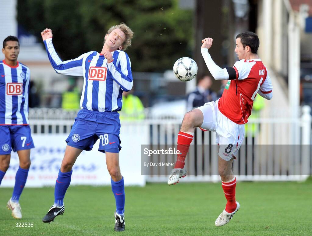 30 September 2008; Keith Fahey, St Patrick's Athletic, in action against Raffael, Hertha Berlin. UEFA Cup First Round 2nd leg, St Patrick's Athletic v Hertha Berlin, RDS, Dublin. Picture credit: David Maher / SPORTSFILE