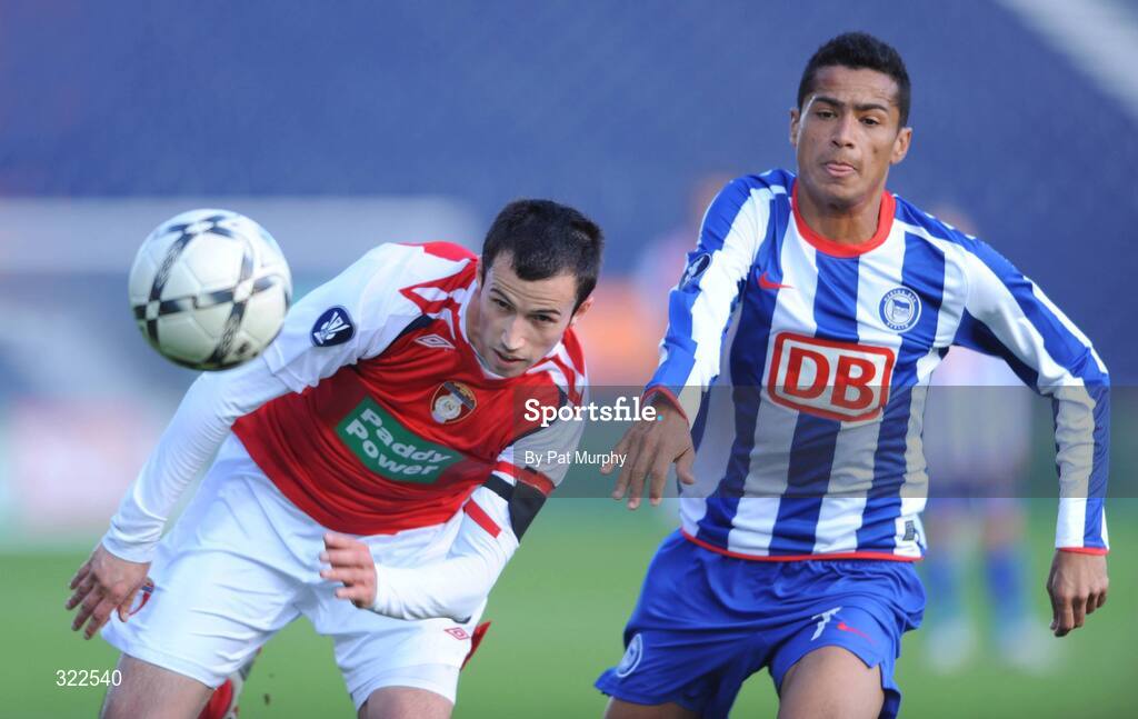 30 September 2008; Keith Fahey, St. Patrick's Athletic, in action against Cicero Santos, Hertha Berlin. UEFA Cup First Round 2nd leg, St. Patrick's Athletic v Hertha Berlin, RDS, Dublin. Picture credit: Pat Murphy / SPORTSFILE