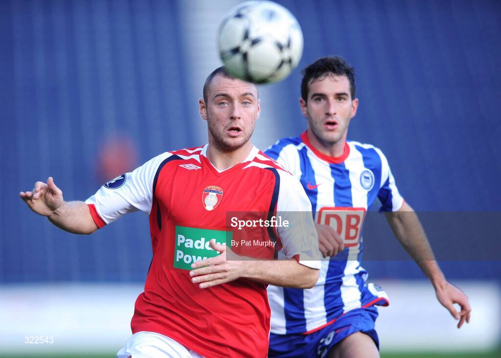 30 September 2008; Mark Quigley, St. Patrick's Athletic, in action against Maximilian Nicu, Hertha Berlin. UEFA Cup First Round 2nd leg, St. Patrick's Athletic v Hertha Berlin, RDS, Dublin. Picture credit: Pat Murphy / SPORTSFILE