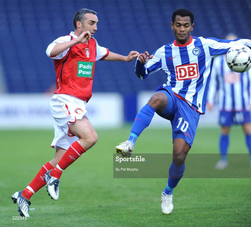 30 September 2008; Gary Dempsey, St. Patrick's Athletic, in action against Raffael, Hertha Berlin. UEFA Cup First Round 2nd leg, St. Patrick's Athletic v Hertha Berlin, RDS, Dublin. Picture credit: Pat Murphy / SPORTSFILE
