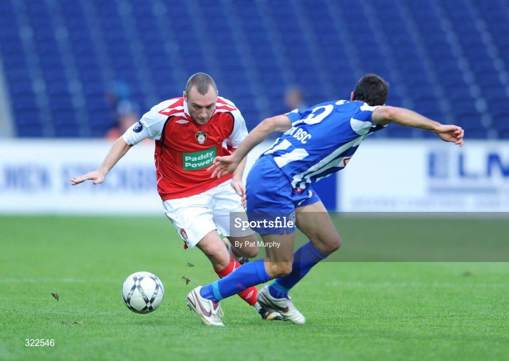 30 September 2008; Mark Quigley, St. Patrick's Athletic, in action against Maximilian Nicu, Hertha Berlin. UEFA Cup First Round 2nd leg, St. Patrick's Athletic v Hertha Berlin, RDS, Dublin. Picture credit: Pat Murphy / SPORTSFILE