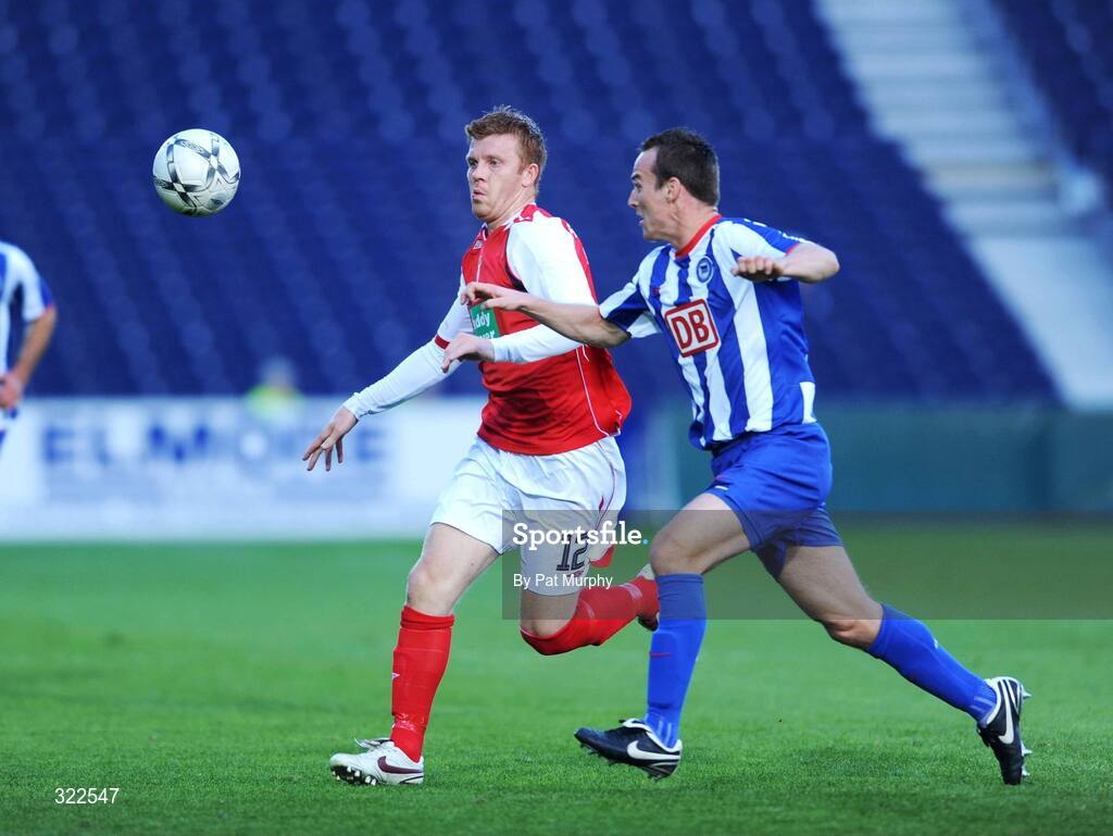 30 September 2008; Glenn Fitzpatrick, St. Patrick's Athletic, in action against Steve Von Bergen, Hertha Berlin. UEFA Cup First Round 2nd leg, St. Patrick's Athletic v Hertha Berlin, RDS, Dublin. Picture credit: Pat Murphy / SPORTSFILE