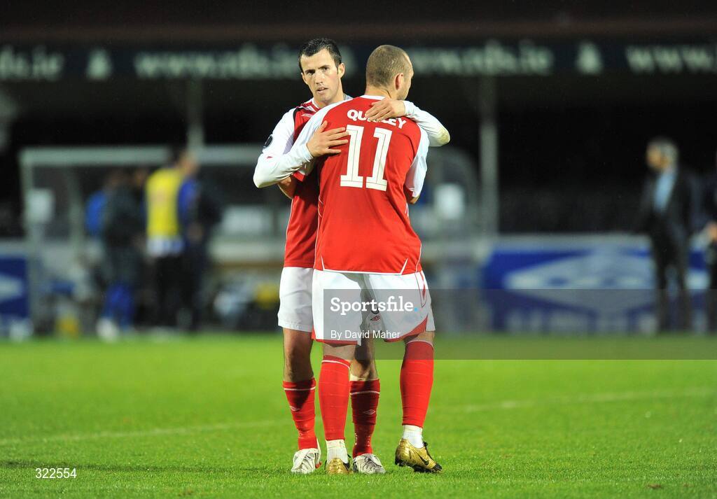30 September 2008; Keith Fahey, left and Mark Quigley, St Patrick's Athletic, at the end of the game. UEFA Cup First Round 2nd leg, St Patrick's Athletic v Hertha Berlin, RDS, Dublin. Picture credit: David Maher / SPORTSFILE