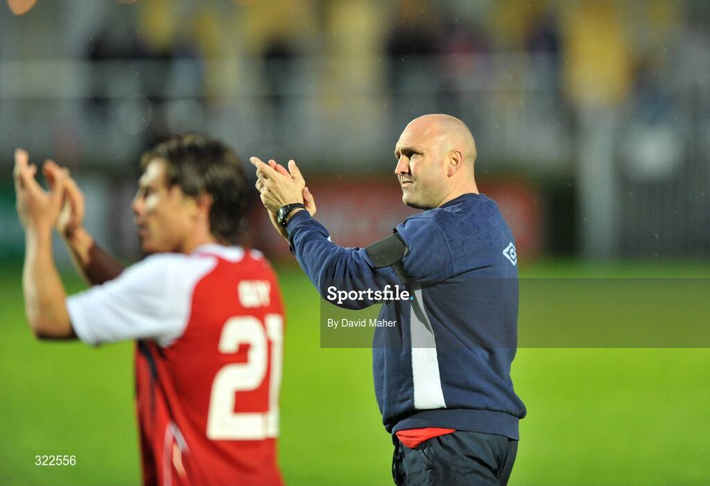 30 September 2008; St Patrick's Athletic manager Johnny McDonnell and Ryan Guy applaud the supporters at the end of the game. UEFA Cup First Round 2nd leg, St Patrick's Athletic v Hertha Berlin, RDS, Dublin. Picture credit: David Maher / SPORTSFILE