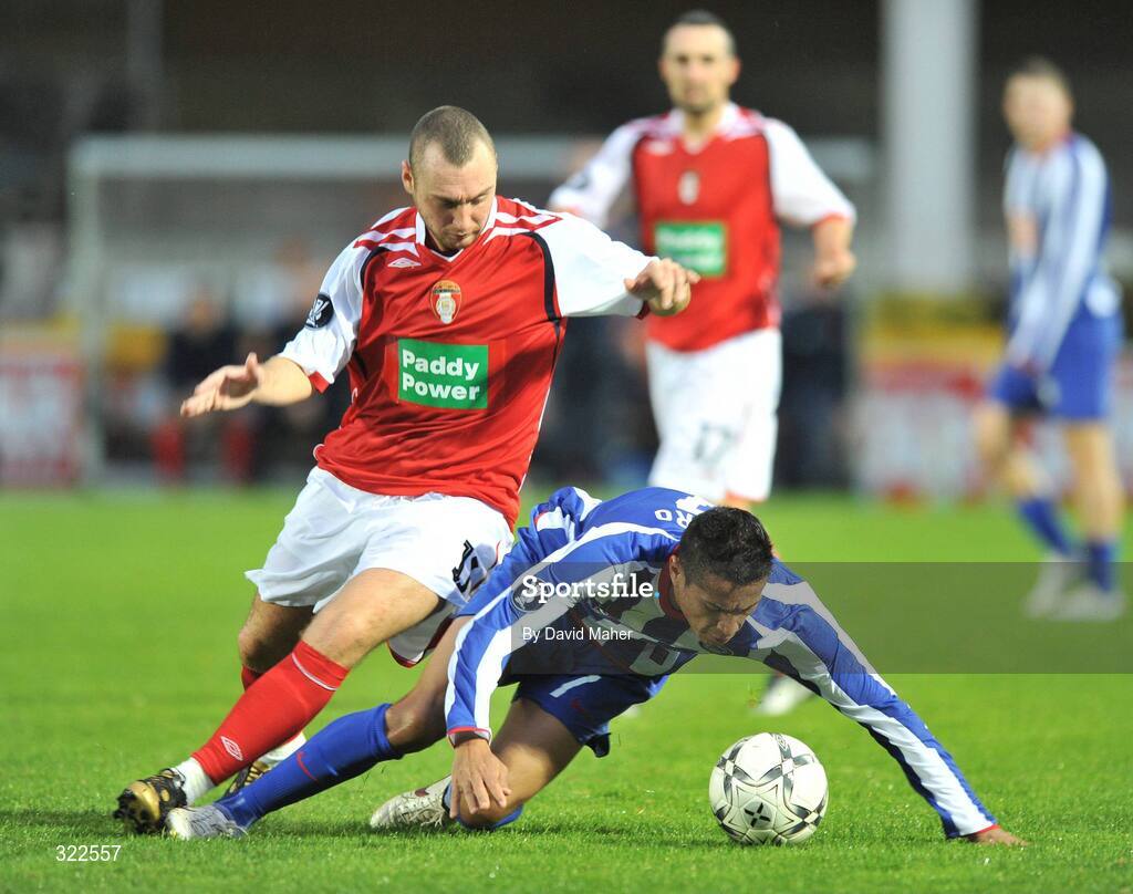 30 September 2008; Mark Quigley, St Patrick's Athletic, in action against Cicero Santos, Hertha Berlin. UEFA Cup First Round 2nd leg, St Patrick's Athletic v Hertha Berlin, RDS, Dublin. Picture credit: David Maher / SPORTSFILE