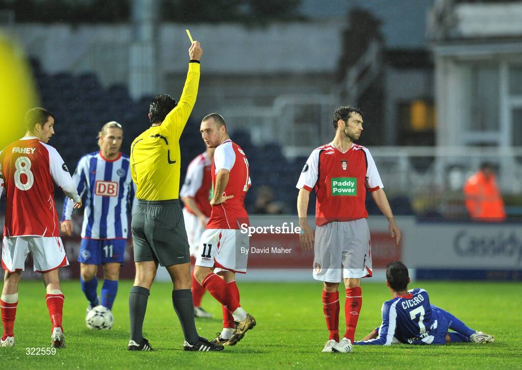 30 September 2008; Referee Michail Koukoulakis sends off St Patrick's Athletic's Damien Lynch during the closing stages of the game. UEFA Cup First Round 2nd leg, St Patrick's Athletic v Hertha Berlin, RDS, Dublin. Picture credit: David Maher / SPORTSFILE