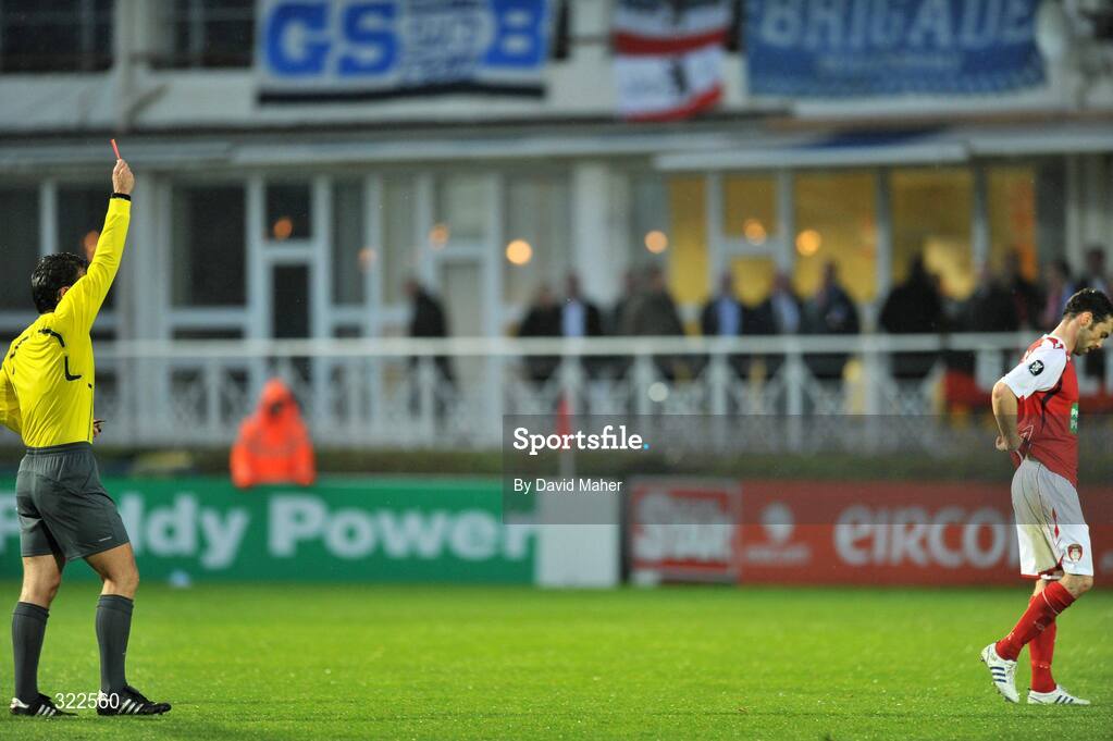 30 September 2008; Referee Michail Koukoulakis sends off St Patrick's Athletic's Damien Lynch during the closing stages of the game. UEFA Cup First Round 2nd leg, St Patrick's Athletic v Hertha Berlin, RDS, Dublin. Picture credit: David Maher / SPORTSFILE