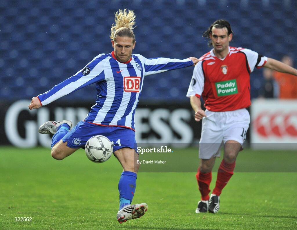 30 September 2008; Andriy Voronin, Hertha Berlin, in action against Jason Gavin, St Patrick's Athletic. UEFA Cup First Round 2nd leg, St Patrick's Athletic v Hertha Berlin, RDS, Dublin. Picture credit: David Maher / SPORTSFILE
