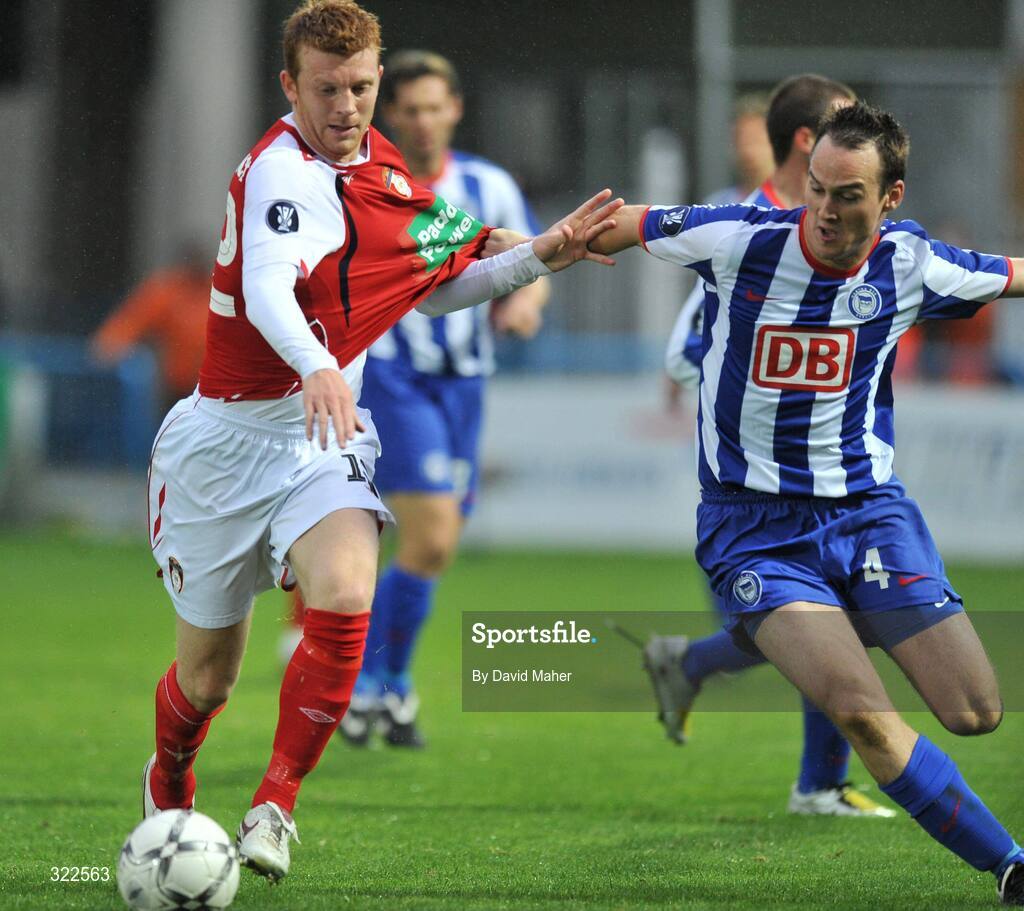 30 September 2008; Glenn Fitzpatrick, St Patrick's Athletic, in action against Steve Von Bergen, Hertha Berlin. UEFA Cup First Round 2nd leg, St Patrick's Athletic v Hertha Berlin, RDS, Dublin. Picture credit: David Maher / SPORTSFILE