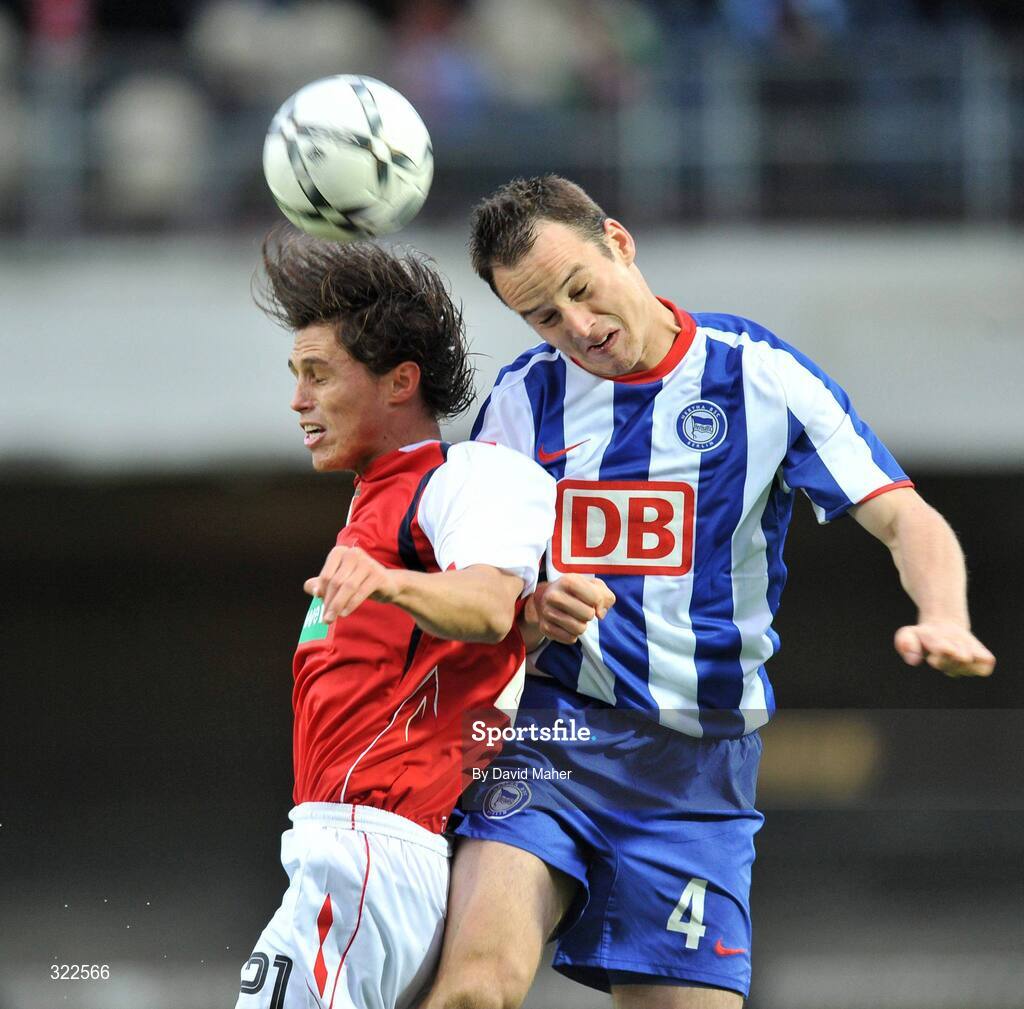 30 September 2008; Ryan Guy, St Patrick's Athletic, in action against Steve Von Bergen, Hertha Berlin. UEFA Cup First Round 2nd leg, St Patrick's Athletic v Hertha Berlin, RDS, Dublin. Picture credit: David Maher / SPORTSFILE