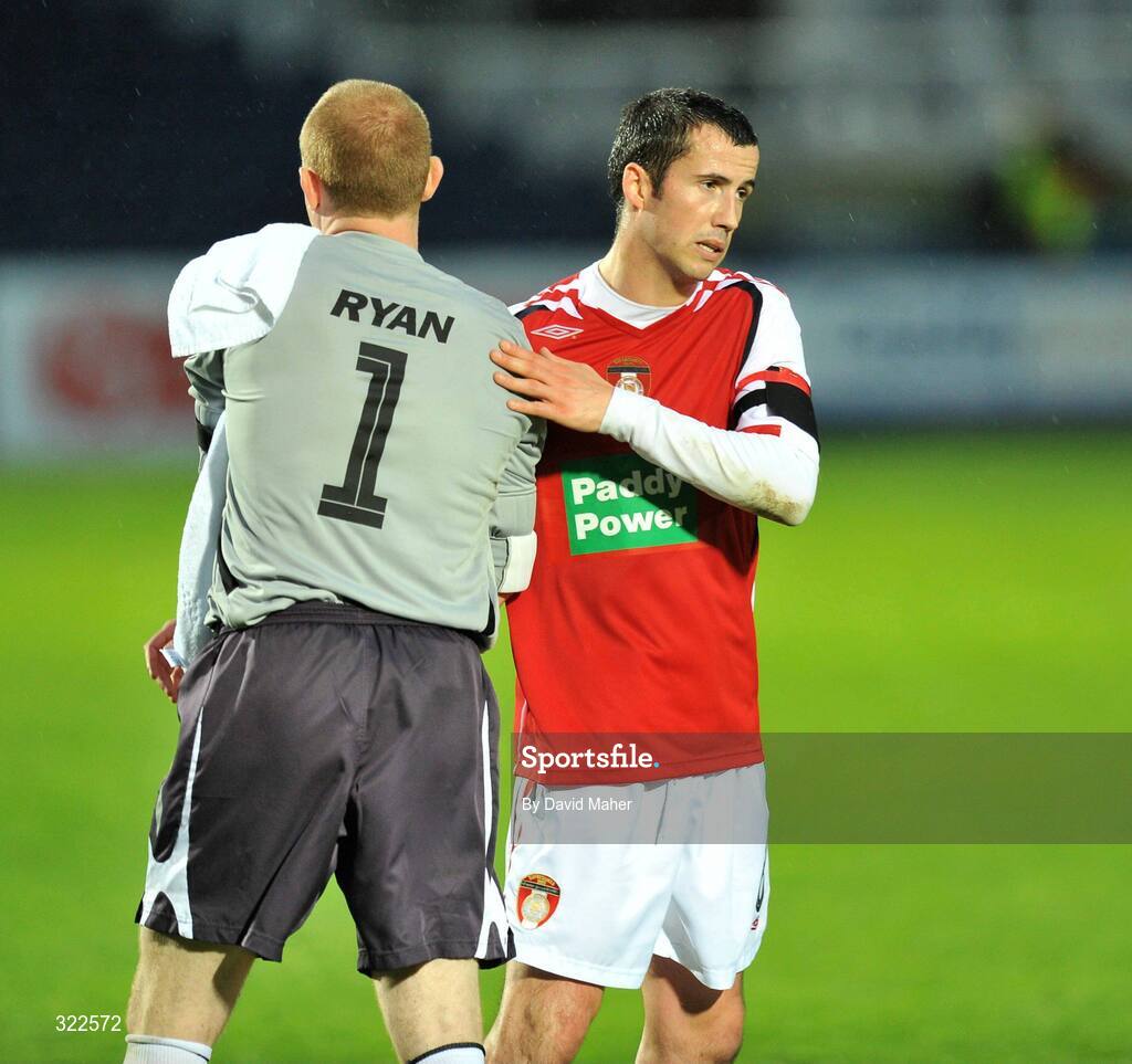 30 September 2008; Keith Fahey, right, with Barry Ryan, St Patrick's Athletic, at the end of the game. UEFA Cup First Round 2nd leg, St Patrick's Athletic v Hertha Berlin, RDS, Dublin. Picture credit: David Maher / SPORTSFILE