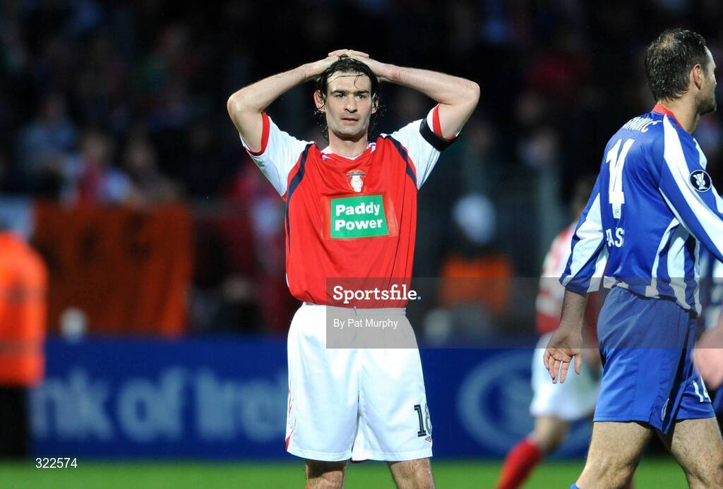 30 September 2008; St. Patrick's Athletic's Jason Gavin reacts after team-mate John Murphy missed a late chance. UEFA Cup First Round 2nd leg, St. Patrick's Athletic v Hertha Berlin, RDS, Dublin. Picture credit: Pat Murphy / SPORTSFILE