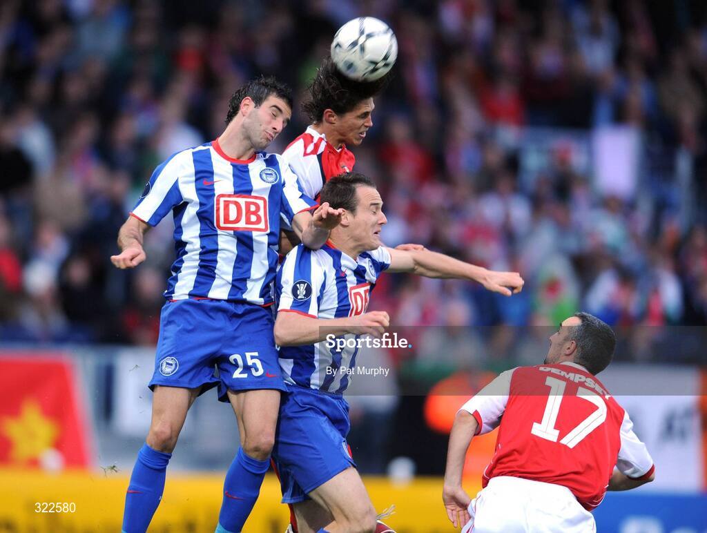 30 September 2008; Ryan Guy, St. Patrick's Athletic, supported by team-mate Gary Dempsey, right, in action against Maximilian Nicu, left, and Steve Von Gergen, Hertha Berlin. UEFA Cup First Round 2nd leg, St. Patrick's Athletic v Hertha Berlin, RDS, Dublin. Picture credit: Pat Murphy / SPORTSFILE
