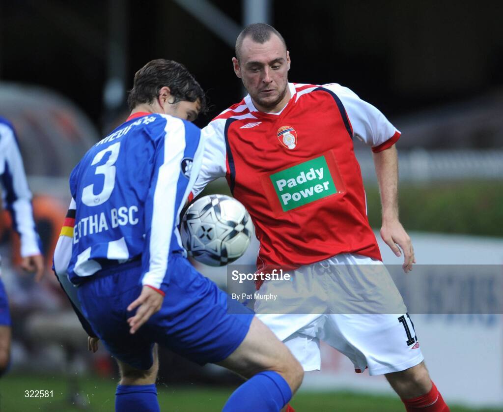 30 September 2008; Mark Quigley, St. Patrick's Athletic, in action against Arne Friedrich, Hertha Berlin. UEFA Cup First Round 2nd leg, St. Patrick's Athletic v Hertha Berlin, RDS, Dublin. Picture credit: Pat Murphy / SPORTSFILE
