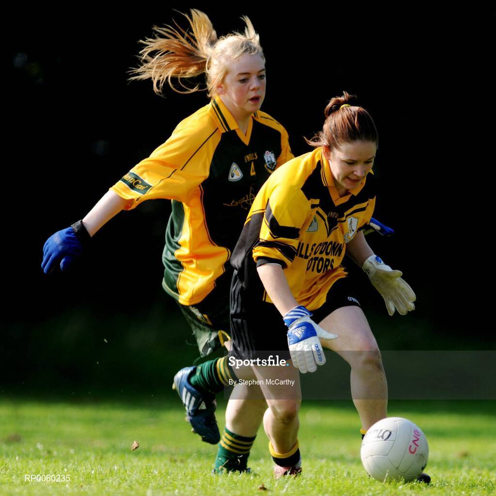27 September 2008; Aisling McCormack, St. Mark's, Dublin, in action against Brenda McShane, Clann na Gael, Tyrone. All-Ireland Ladies Football 7's, Junior Championship Quater-Final, Naomh Mearnog, Portmarnock, Dublin. Picture credit: Stephen McCarthy / SPORTSFILE