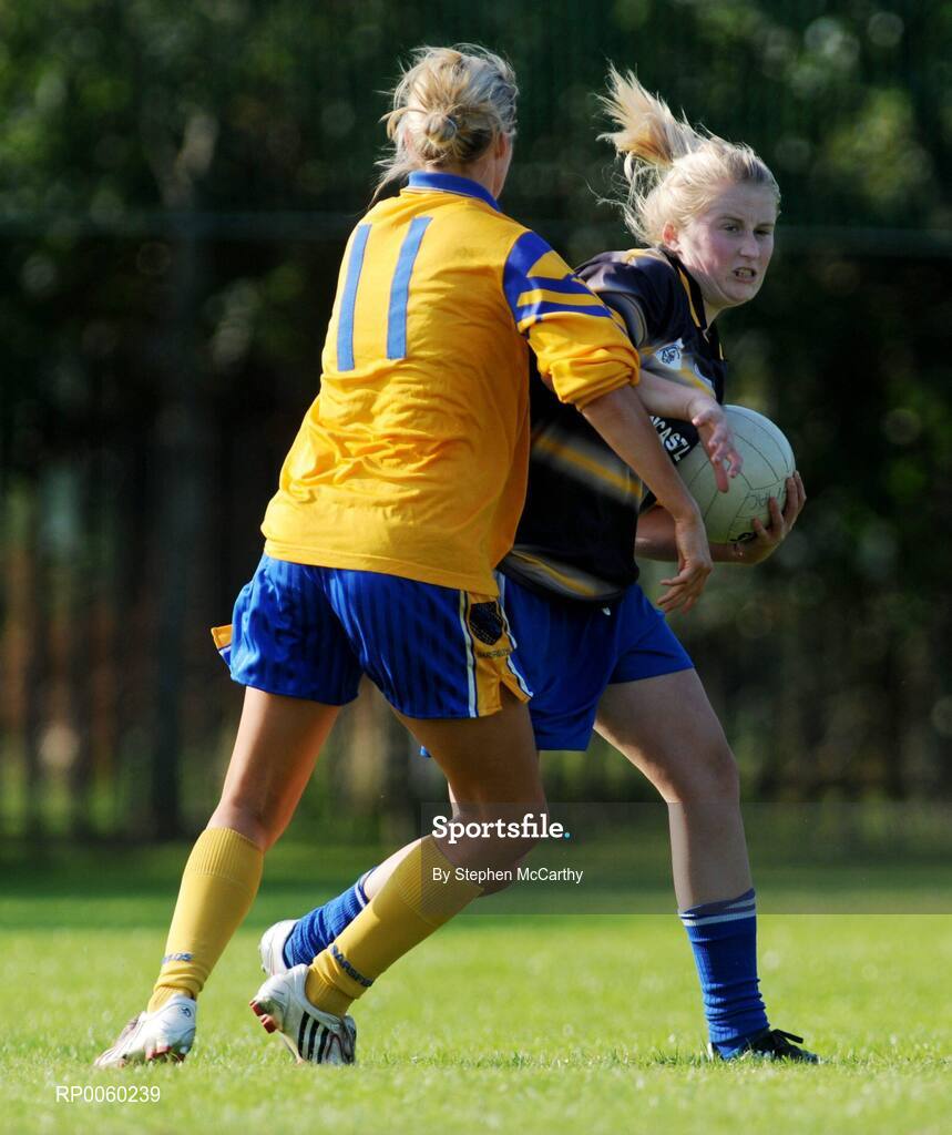 27 September 2008; Mairead Wall, Ballymacarbry, Waterford, in action against Louise Bergin, Sarsfield, Laois. All-Ireland Ladies Football 7's, Senior Championship Quater-Final, Naomh Mearnog, Portmarnock, Dublin. Picture credit: Stephen McCarthy / SPORTSFILE
