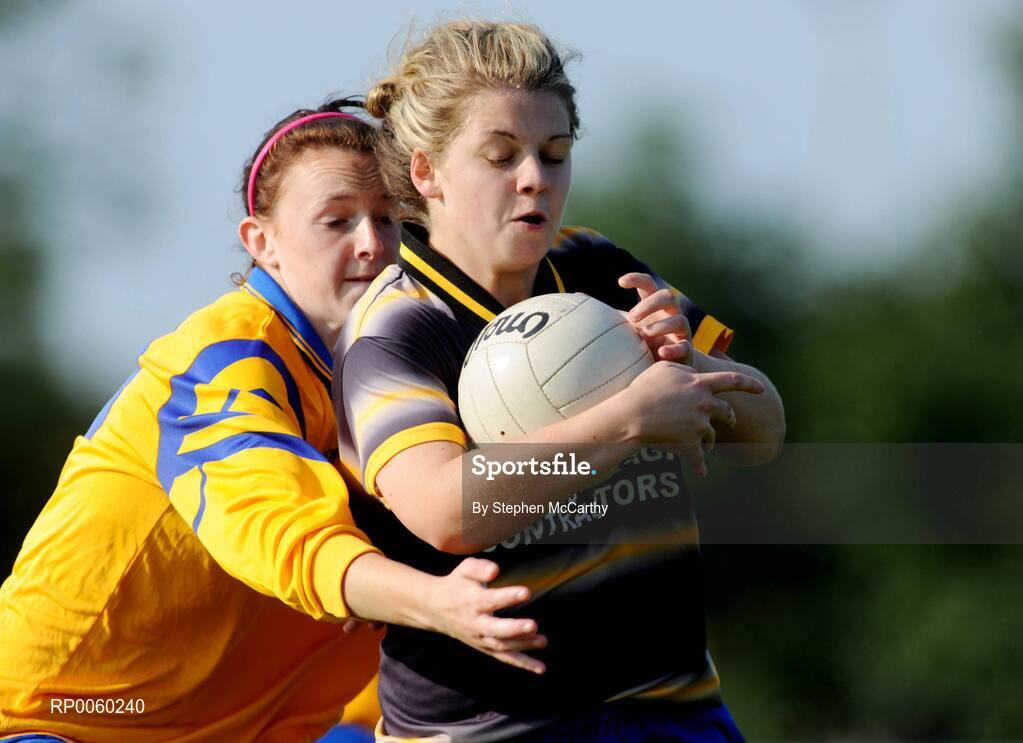 27 September 2008; Sinead Ryan, Ballymacarbry, Waterford, in action against Alison McEvoy, Sarsfield, Laois. All-Ireland Ladies Football 7's, Senior Championship Quater-Final, Naomh Mearnog, Portmarnock, Dublin. Picture credit: Stephen McCarthy / SPORTSFILE