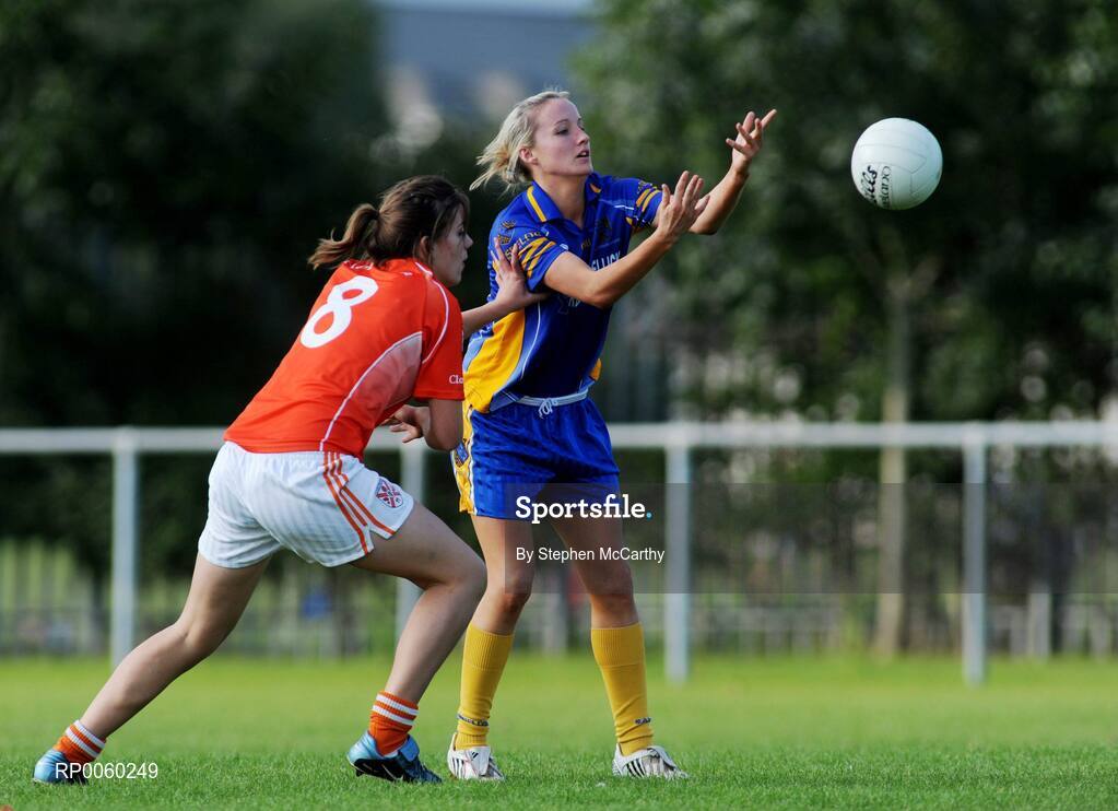 27 September 2008; Tracey Lawlor, Sarsfield, Laois, in action against Marian Fitzsimons, Clann Eireann, Armagh. All-Ireland Ladies Football 7's, Senior Championship Semi-Final, Naomh Mearnog, Portmarnock, Dublin. Picture credit: Stephen McCarthy / SPORTSFILE