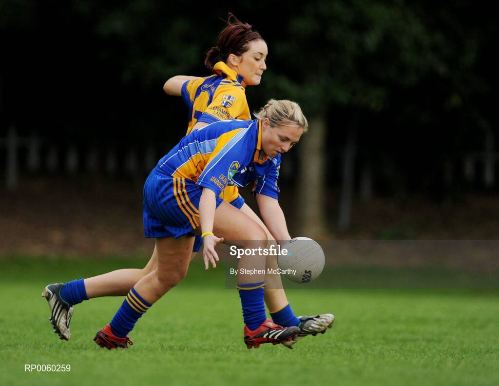 27 September 2008; Aoife McGovern, Abbeyside, Waterford, in action against Hannah Dolan, Glenamaddy, Galway. All-Ireland Ladies Football 7's, Junior Championship Final, Naomh Mearnog, Portmarnock, Dublin. Picture credit: Stephen McCarthy / SPORTSFILE