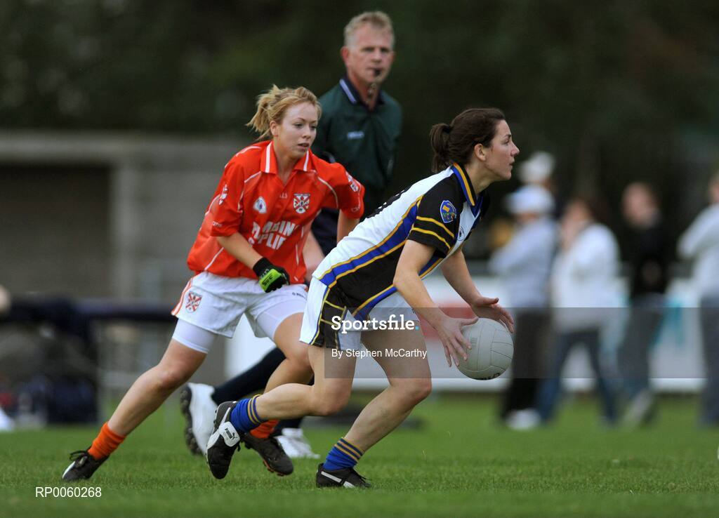27 September 2008; Deidre Raferty, Naomh Mearnog/St. Sylvester's, Dublin, in action against Grainne McAlinden, Clann Eireann, Armagh. All-Ireland Ladies Football 7's, Senior Championship Final, Naomh Mearnog, Portmarnock, Dublin. Picture credit: Stephen McCarthy / SPORTSFILE