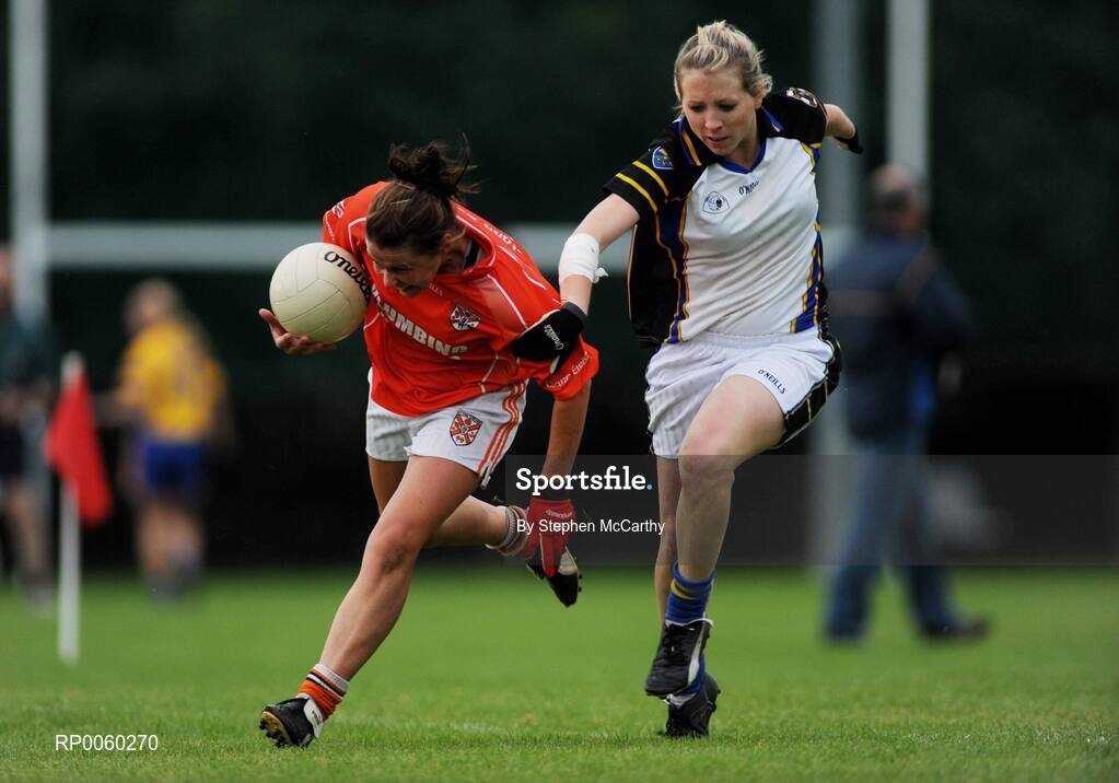 27 September 2008; Shauna O'Hagan, Clann Eireann, Armagh, in action against Sinead Tracey, Naomh Mearnog/St. Sylvester's, Dublin. All-Ireland Ladies Football 7's, Senior Championship Final, Naomh Mearnog, Portmarnock, Dublin. Picture credit: Stephen McCarthy / SPORTSFILE