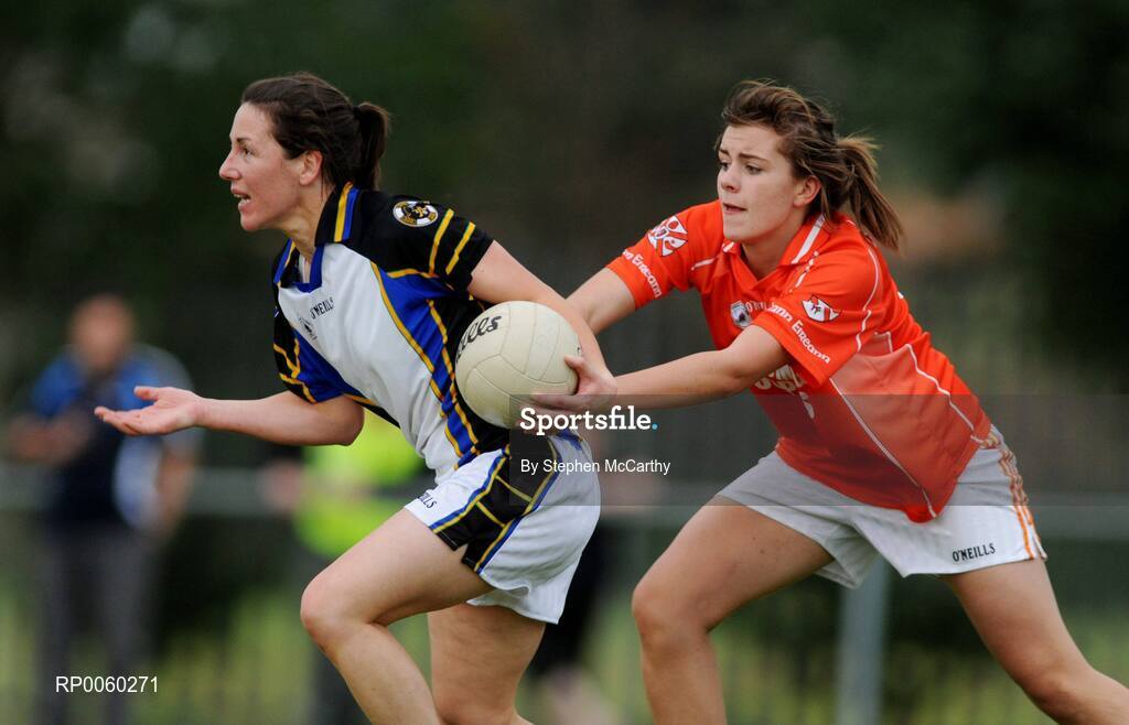 27 September 2008; Sinead Aherne, Naomh Mearnog/St. Sylvester's, Dublin, in action against Marian Fitzsimons, Clann Eireann, Armagh. All-Ireland Ladies Football 7's, Senior Championship Final, Naomh Mearnog, Portmarnock, Dublin. Picture credit: Stephen McCarthy / SPORTSFILE