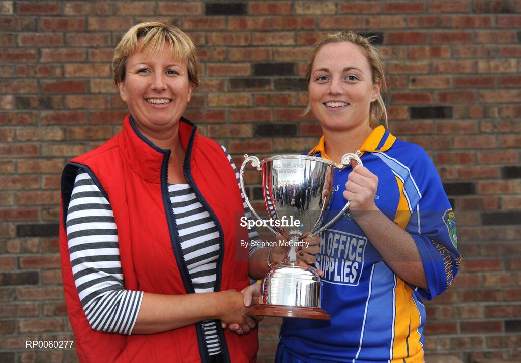 27 September 2008; Geraldine Giles, Uachtaran Cumman Peil Gael na mBan, presents Aoife McGovern, Abbeyside, Waterford, with the Junior Championship trophy. All-Ireland Ladies Football 7's, Naomh Mearnog, Portmarnock, Dublin. Picture credit: Stephen McCarthy / SPORTSFILE