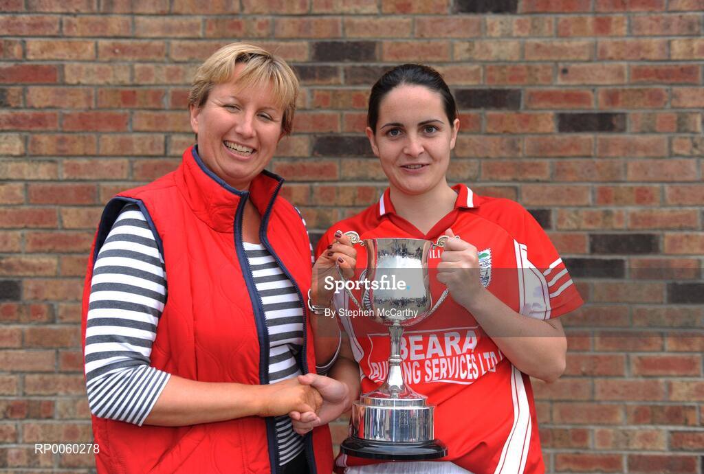 27 September 2008; Geraldine Giles, Uachtaran Cumman Peil Gael na mBan, presents Emma Harrington, Beara, Cork, with the Intermediate Shield trophy. All-Ireland Ladies Football 7's, Naomh Mearnog, Portmarnock, Dublin. Picture credit: Stephen McCarthy / SPORTSFILE