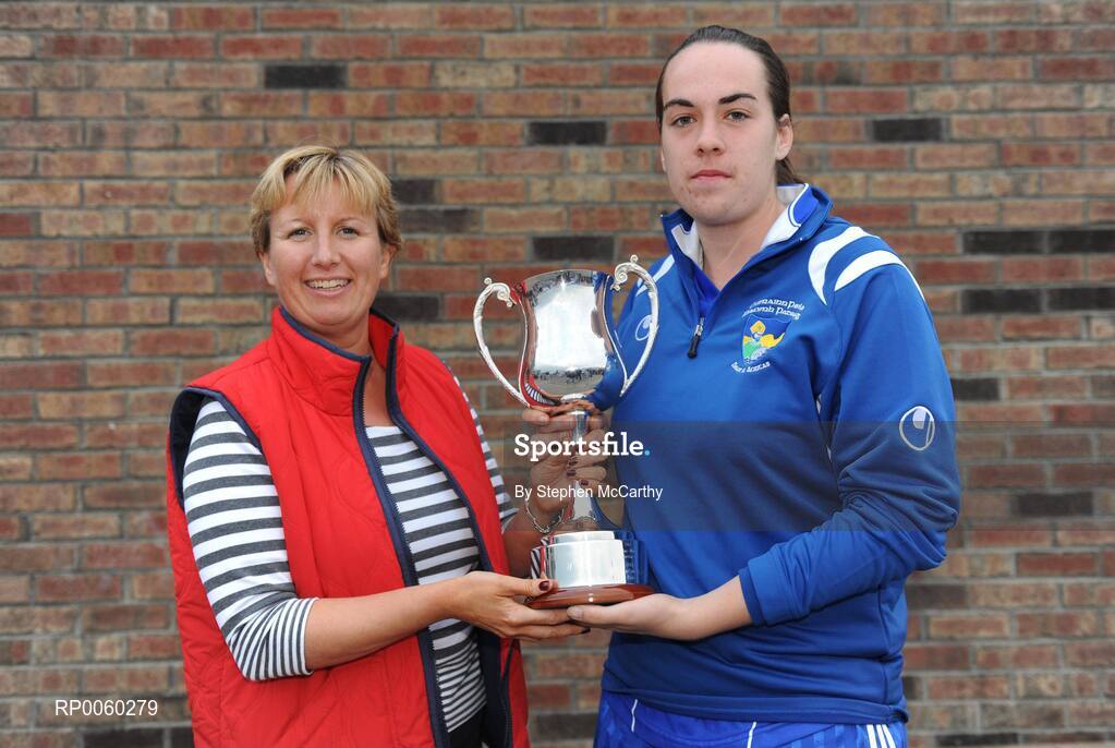 27 September 2008; Geraldine Giles, Uachtaran Cumman Peil Gael na mBan, presents Aisling Egan, Clonbur, Galway, with the Intermediate Championship trophy. All-Ireland Ladies Football 7's, Naomh Mearnog, Portmarnock, Dublin. Picture credit: Stephen McCarthy / SPORTSFILE