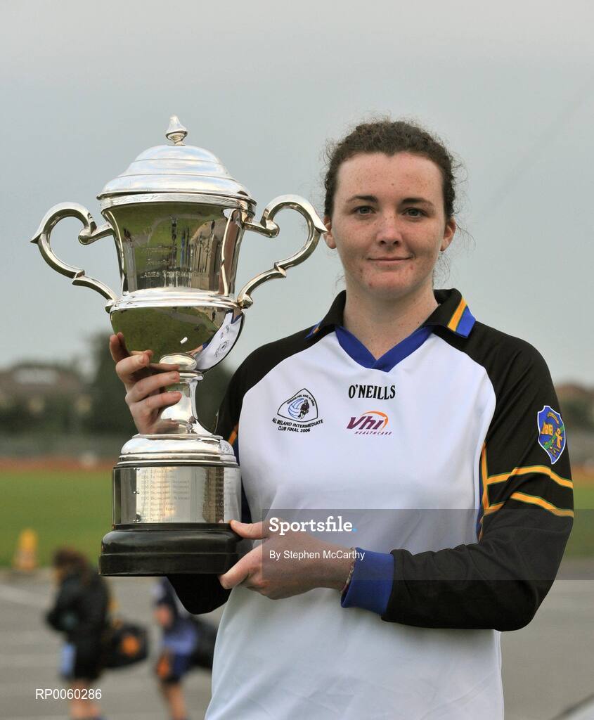 27 September 2008; Cliodhna O'Connor, Naomh Mearnog/St. Sylvester's, Dublin, with the Senior Championship trophy. All-Ireland Ladies Football 7's, Naomh Mearnog, Portmarnock, Dublin. Picture credit: Stephen McCarthy / SPORTSFILE