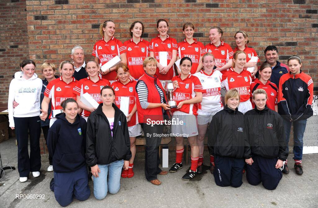 27 September 2008; Geraldine Giles, Uachtaran Cumman Peil Gael na mBan, presents the cup to captain Emma Harrington after Beara, Cork, won the Intermediate Shield. All-Ireland Ladies Football 7's, Naomh Mearnog, Portmarnock, Dublin. Picture credit: Stephen McCarthy / SPORTSFILE