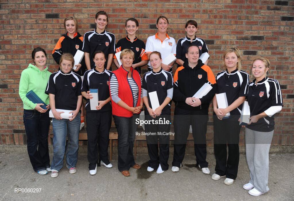 27 September 2008; Geraldine Giles, Uachtaran Cumman Peil Gael na mBan, with players and managment of Clann Eireann, Armagh, after they finished runners-up in the Senior Championship. All-Ireland Ladies Football 7's, Naomh Mearnog, Portmarnock, Dublin. Picture credit: Stephen McCarthy / SPORTSFILE