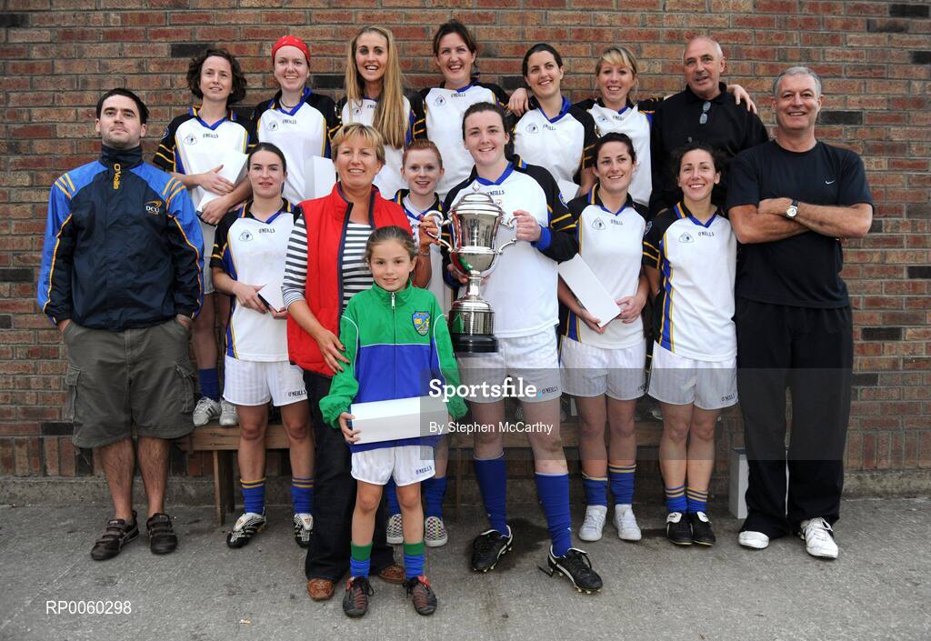 27 September 2008; Geraldine Giles, Uachtaran Cumman Peil Gael na mBan, presents the cup to captain Cliodhna O'Connor after Naomh Mearnog/St. Sylvester's, Dublin, won the Senior Championship. All-Ireland Ladies Football 7's, Naomh Mearnog, Portmarnock, Dublin. Picture credit: Stephen McCarthy / SPORTSFILE