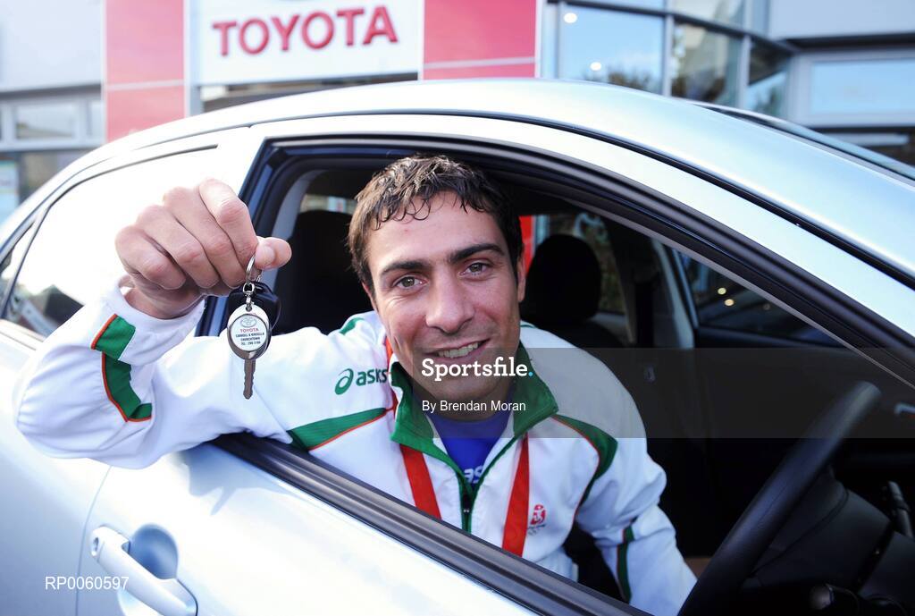 30 September 2008; The Olympic Council of Ireland in association with the Carroll and Kinsella Motor Group presented a Toyota Corolla car to boxer Kenny Egan in recognition of his silver medal performance at the Beijing Olympics. Making the presentation at Carroll and Kinsella’s Showroom in Walkinstown, Fonsie Carroll of Carroll and Kinsella’s, congratulated Kenny on his superb efforts and wished him many miles of happy motoring. Carroll & Kinsella Showrooms, Walkinstown, Co. Dublin. Picture credit: Brendan Moran / SPORTSFILE