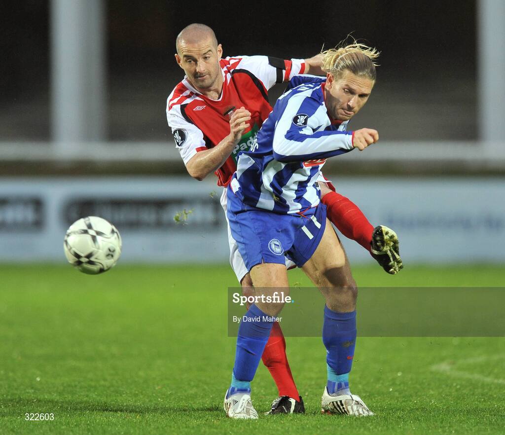 30 September 2008; Dave Rogers, St Patrick's Athletic, in action against Andriy Voronin, Hertha Berlin. UEFA Cup First Round 2nd leg, St Patrick's Athletic v Hertha Berlin, RDS, Dublin. Picture credit: David Maher / SPORTSFILE