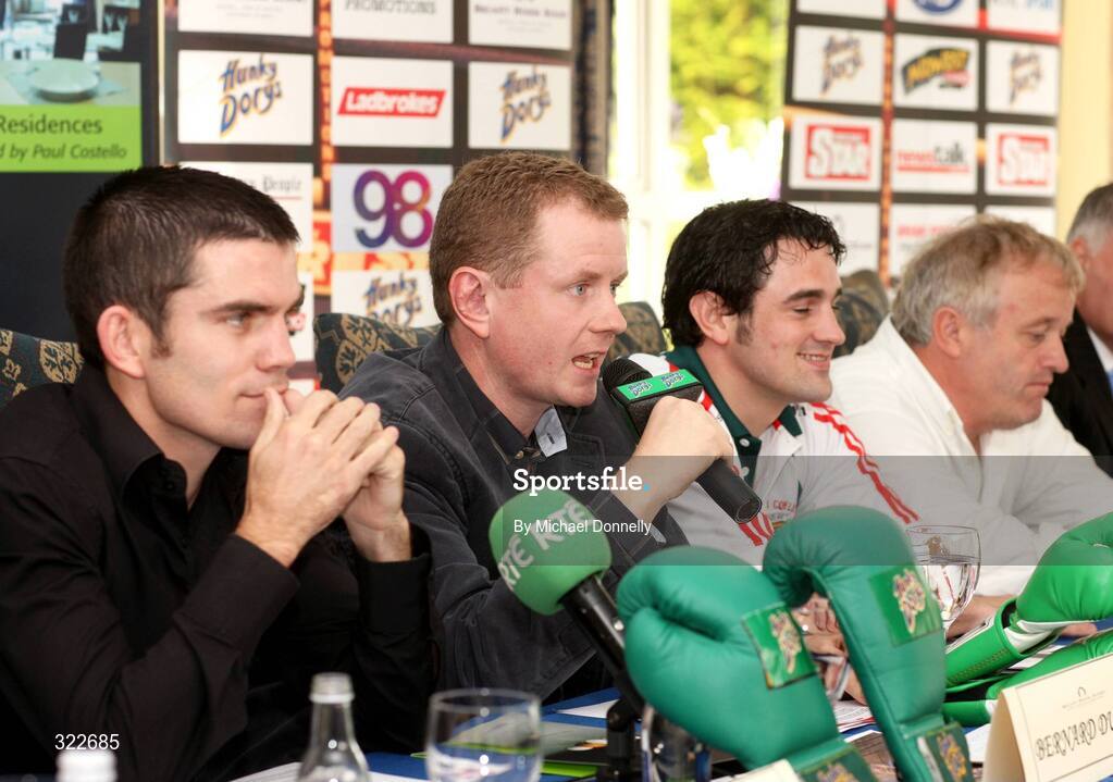 2 October 2008; Promoter Brian Peters speaking, second from left, alongside boxers Bernard Dunne, left, Henry Coyle, right, and Gerry Coyle Snr during a press conference to announce the next Hunky Dorys Fight Night on November 15th. Brian Peters Promotions Press Conference, Breaffy House Resort, Castlebar, Co. Mayo. Picture credit: Michael Donnelly / SPORTSFILE