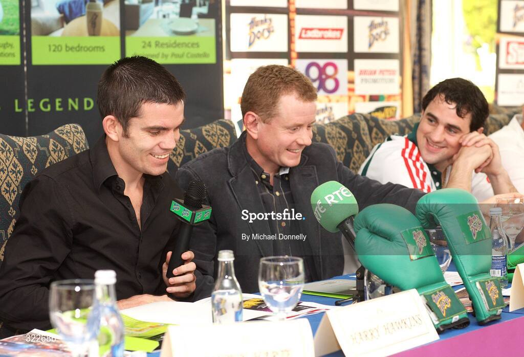 2 October 2008; Promoter Brian Peters, centre, alongside boxers Bernard Dunne, left, and Henry Coyle during a press conference to announce the next Hunky Dorys Fight Night on November 15th. Brian Peters Promotions Press Conference, Breaffy House Resort, Castlebar, Co. Mayo. Picture credit: Michael Donnelly / SPORTSFILE
