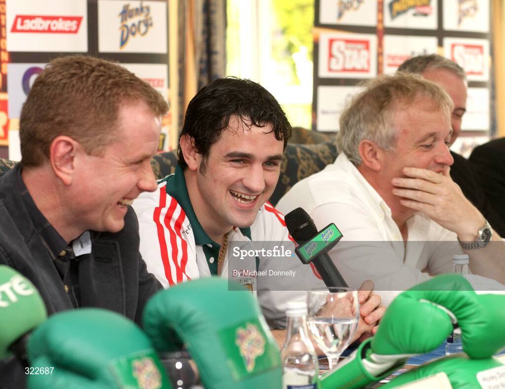 2 October 2008; Boxer Henry Coyle, centre, shares a joke with promoter Brian Peters, left, and his father Gerry Coyle Snr during a press conference to announce the next Hunky Dorys Fight Night on November the 15th. Brian Peters Promotions Press Conference, Breaffy House Resort, Castlebar, Co. Mayo. Picture credit: Michael Donnelly / SPORTSFILE
