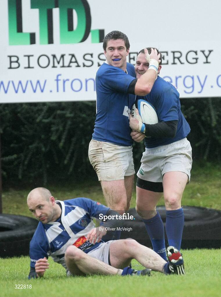 4 October 2008; Conor McPhillips, St. Mary's College, right, is congratulated by Conor McInerney, after scoring the second try. AIB League Division 1, Dungannon v St Mary's College, Stevenson Park, Dungannon, Co. Tyrone. Picture credit: Oliver McVeigh / SPORTSFILE