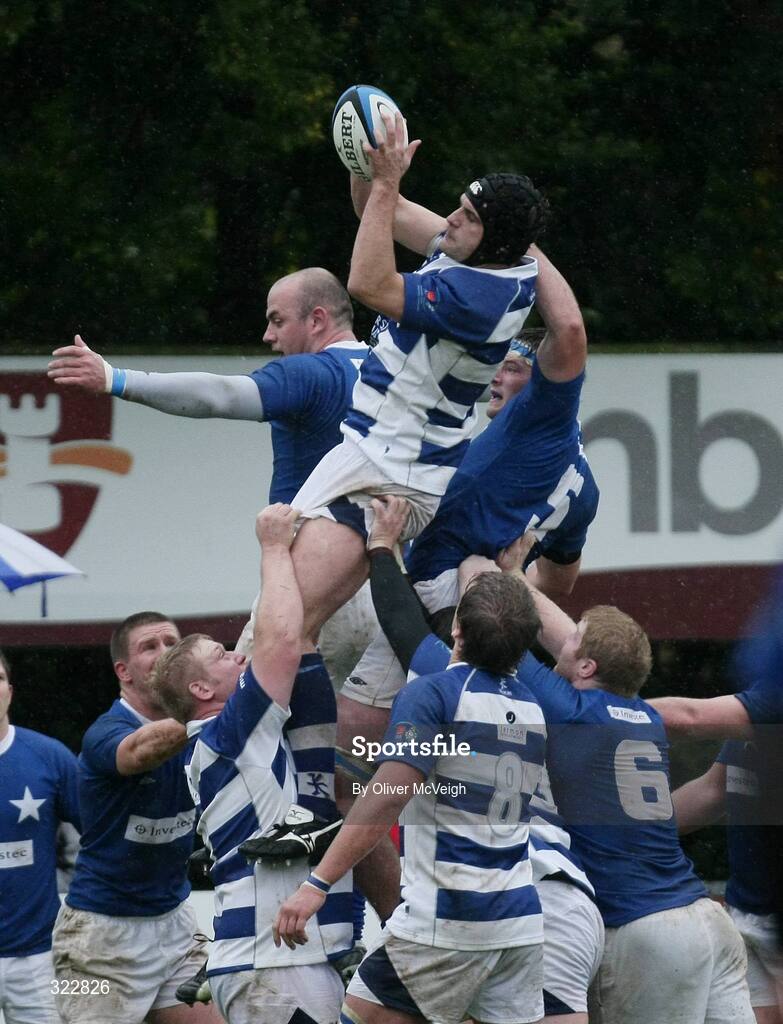 4 October 2008; Michael Rainey, Dungannon, takes the ball in the lineout against Conor McInerney and Gareth Logan, St. Mary's College. AIB League Division 1, Dungannon v St Mary's College, Stevenson Park, Dungannon, Co. Tyrone. Picture credit: Oliver McVeigh / SPORTSFILE