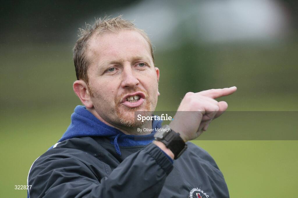 4 October 2008; Dungannon Head Coach, John Andrews, right, giving instructions from the sideline. AIB League Division 1, Dungannon v St Mary's College, Stevenson Park, Dungannon, Co. Tyrone. Picture credit: Oliver McVeigh / SPORTSFILE