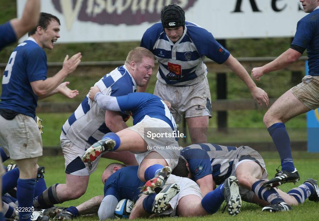 4 October 2008; Gareth Logan, St. Mary's College, lying on the ball, scores the first try. AIB League Division 1, Dungannon v St Mary's College, Stevenson Park, Dungannon, Co. Tyrone. Picture credit: Oliver McVeigh / SPORTSFILE