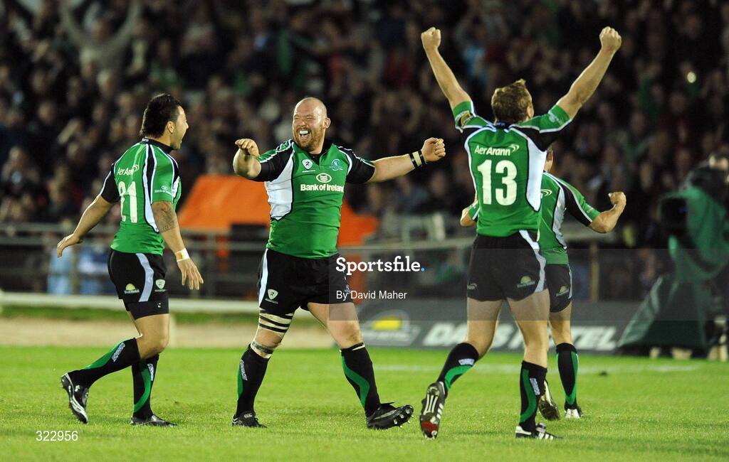 5 October 2008; Connacht players, from left to right, Troy Nathan, Robbie Morris and Gavin Duffy celebrate victory at the final whistle. Magners League, Connacht v Leinster, Sportsground, Galway. Picture credit: David Maher / SPORTSFILE