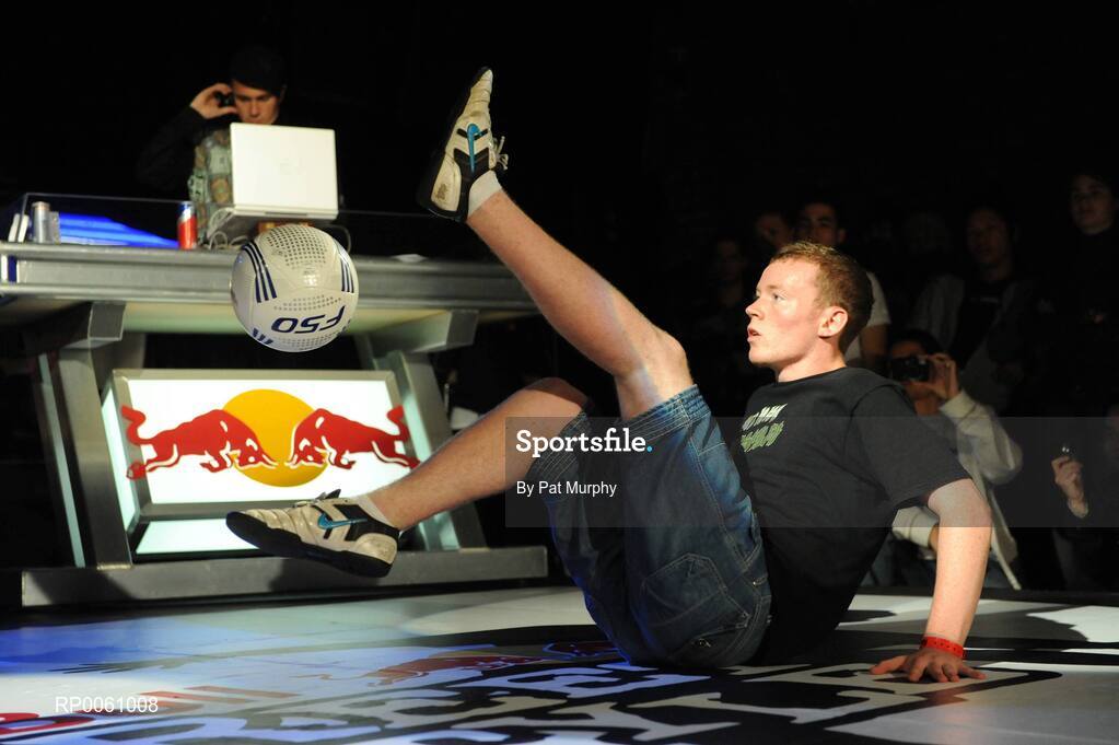 4 October 2008; Mark Tiernan, Newbridge, Co. Kildare, on his way to finishing in second place in The Red Bull Street Style (Freestyle Football) Irish Qualifier. The winner of the qualifier will represent Ireland in the Red Bull World Street Style event, which will be held in Brazil in November. Andrews Lane Theatre, Dublin. Picture credit: Pat Murphy / SPORTSFILE