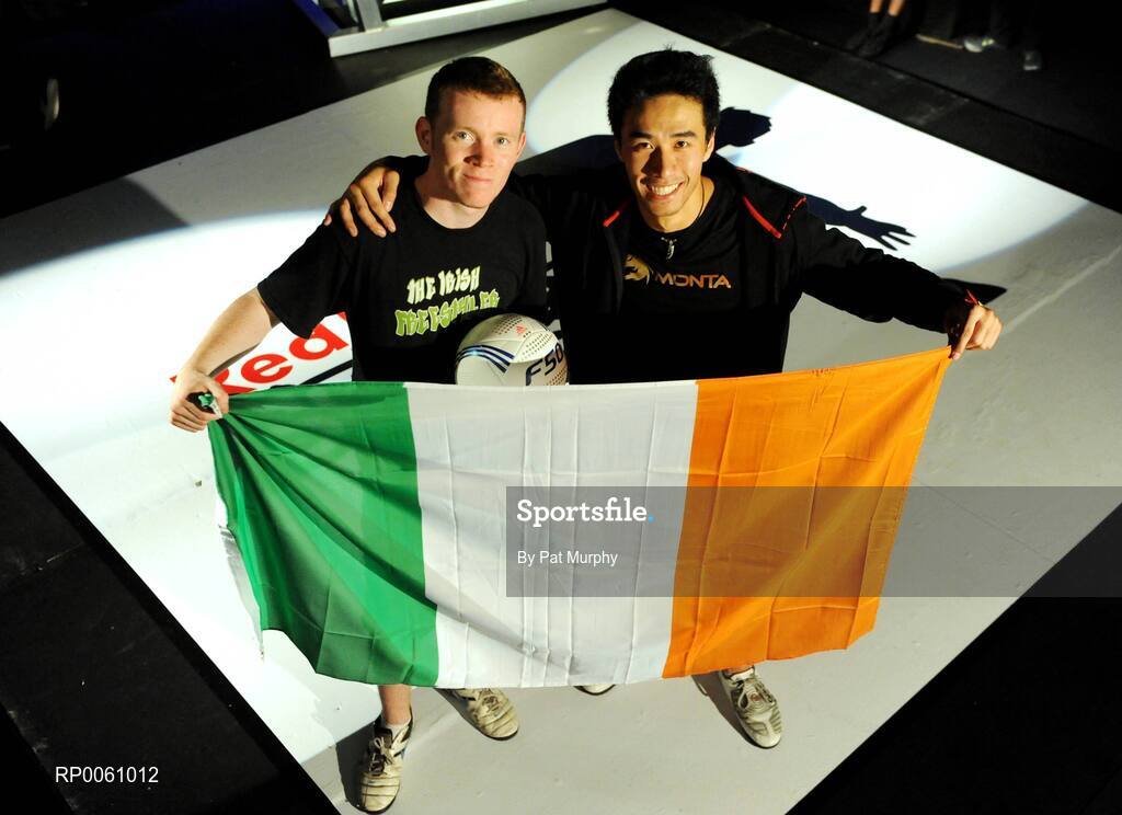 4 October 2008; Mark Tiernan, Newbridge, Co. Kildare, who finished second with winner Nam 'Nam the Man' Nguyen, Dublin, right, after The Red Bull Street Style (Freestyle Football) Irish Qualifier. The winner of the qualifier will represent Ireland in the Red Bull World Street Style event, which will be held in Brazil in November. Andrews Lane Theatre, Dublin. Picture credit: Pat Murphy / SPORTSFILE