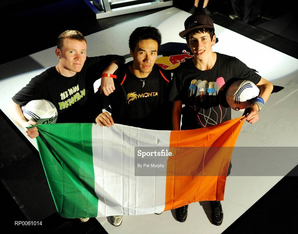 4 October 2008; Mark Tiernan, Newbridge, Co. Kildare, left, who finished second, and Daniel DenNehy, Kerry, right, with winner Nam 'Nam the Man' Nguyen, Dublin, after The Red Bull Street Style (Freestyle Football) Irish Qualifier. The winner of the qualifier will represent Ireland in the Red Bull World Street Style event, which will be held in Brazil in November. Andrews Lane Theatre, Dublin. Picture credit: Pat Murphy / SPORTSFILE