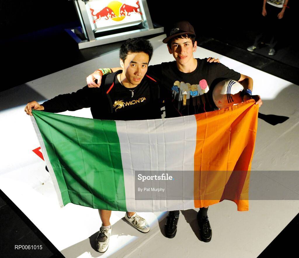 4 October 2008; Daniel DenNehy, Kerry, right, with winner Nam 'Nam the Man' Nguyen, Dublin, after The Red Bull Street Style (Freestyle Football) Irish Qualifier. The winner of the qualifier will represent Ireland in the Red Bull World Street Style event, which will be held in Brazil in November. Andrews Lane Theatre, Dublin. Picture credit: Pat Murphy / SPORTSFILE