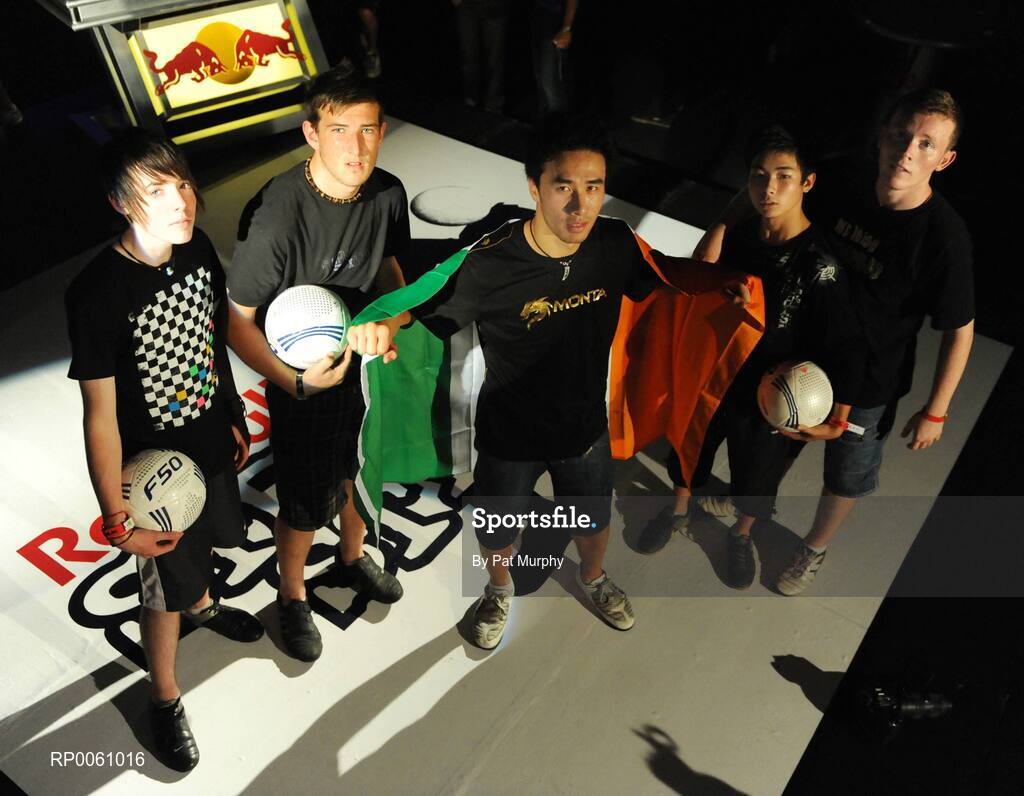 4 October 2008; Nam 'Nam the Man' Nguyen, Dublin, who won The Red Bull Street Style (Freestyle Football) Irish Qualifier with Newbridge, Co. Kildare's, from left, Peter Flemming, Mark Tiernan, Jay Suen and Mark Tiernan. The winner of the qualifier will represent Ireland in the Red Bull World Street Style event, which will be held in Brazil in November. Andrews Lane Theatre, Dublin. Picture credit: Pat Murphy / SPORTSFILE