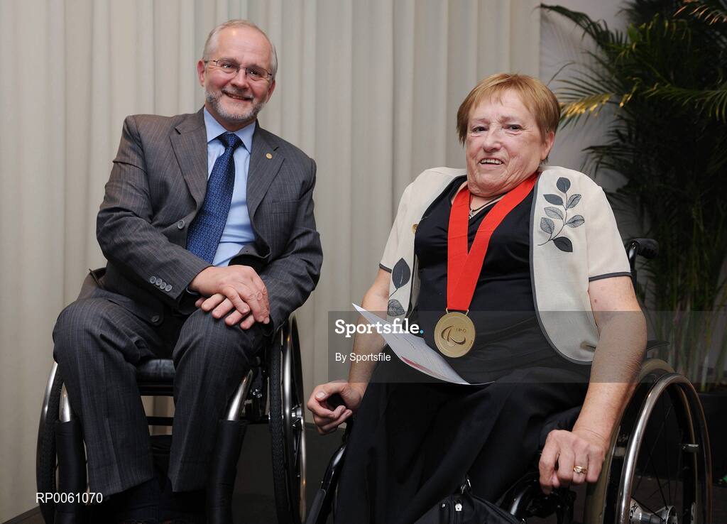 4 October 2008; Sir Philip Craven, President of the International Paralympic Committee (IPC) presents Ms. Anne Ebbs, outgoing Secretary General of the Paralympic Council of Ireland, with the International Paralympic Committee's highest honour the Paralmypic Order of Merit in recognition of her incalculable contribution to the Paralympic movement on the occasion of her retirement. City North Hotel, Gormanston, Co. Meath. Photo by Sportsfile
